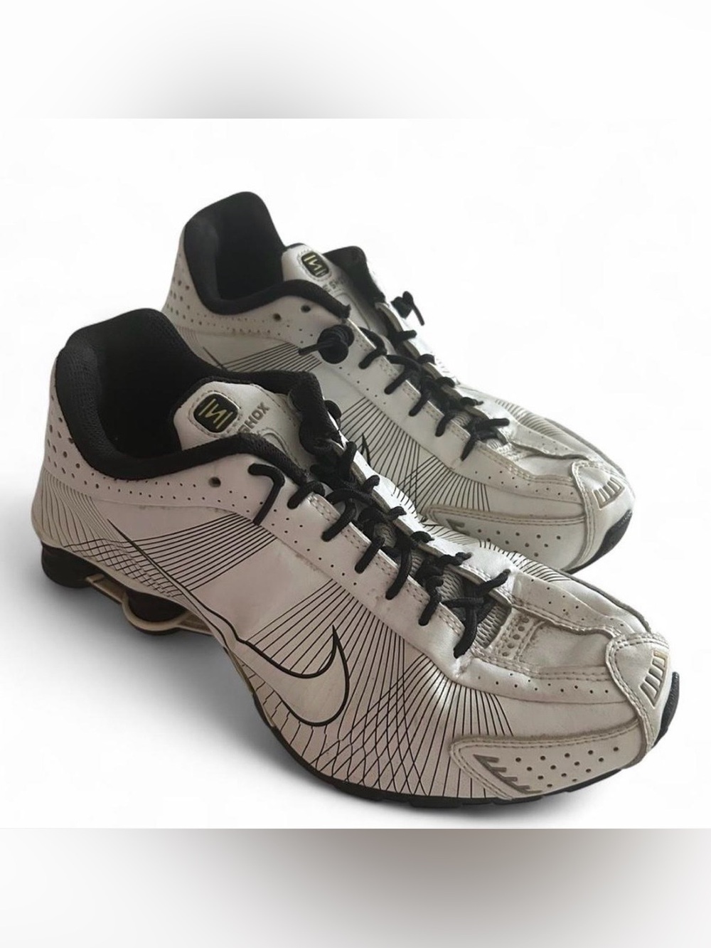 Nike Shox R4 sneakers in a white colorway with black accents. - Picture 3 of 6